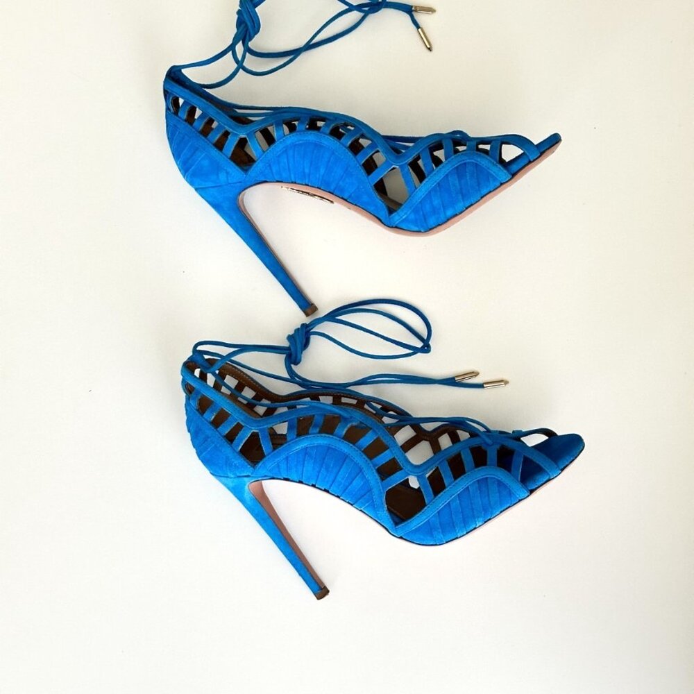 AQUAZZURA Blue Suede Scalloped Cutout Ankle Wrap Sandals Heels Size 38.5 - Picture 5 of 11